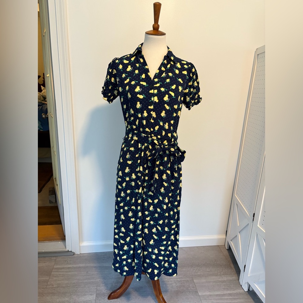 Talbots navy and yellow lemons  Midi Dress